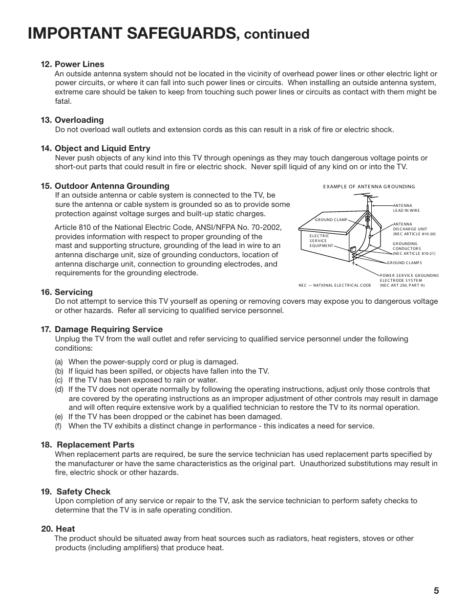 Important safeguards, Continued | MITSUBISHI ELECTRIC WD-62628 User Manual | Page 5 / 124