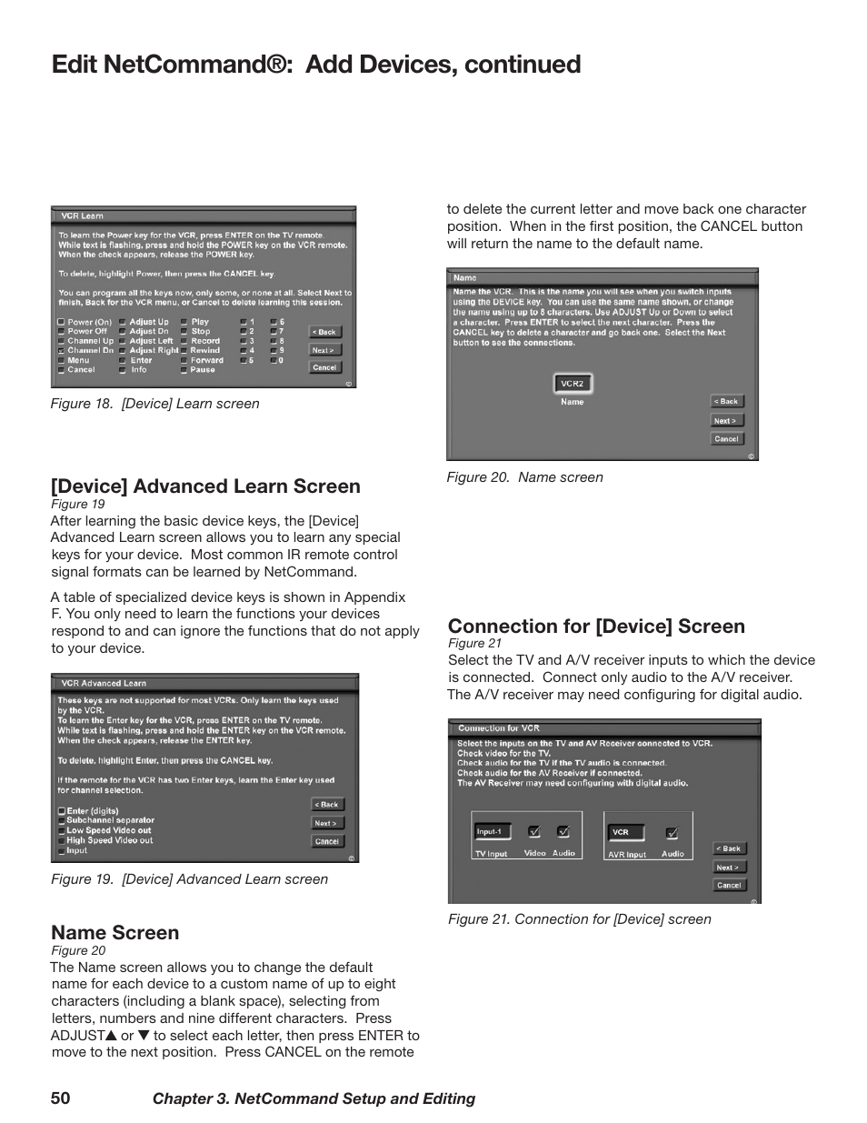 Edit netcommand®: add devices, continued, Connection for [device] screen, Name screen | Device] advanced learn screen | MITSUBISHI ELECTRIC WD-62628 User Manual | Page 50 / 124