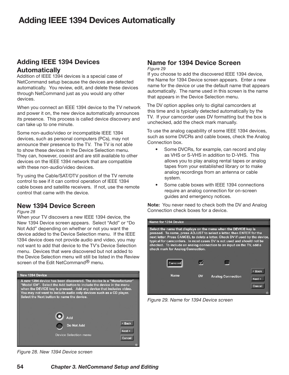 Adding ieee 1394 devices automatically, Adding ieee 139 devices automatically, Name for 139 device screen | New 139 device screen | MITSUBISHI ELECTRIC WD-62628 User Manual | Page 54 / 124