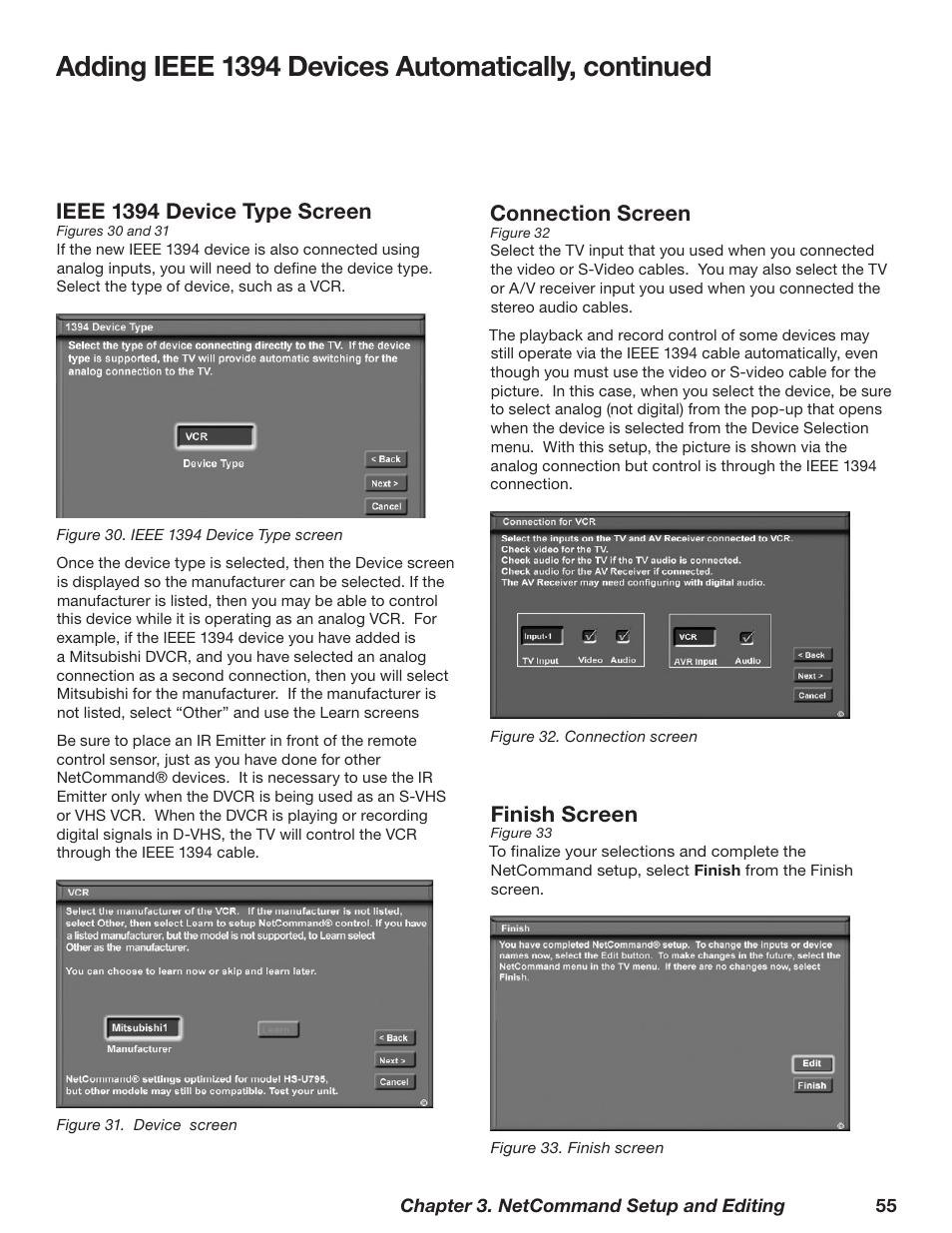 Adding ieee 139 devices automatically, continued, Connection screen, Ieee 139 device type screen | Finish screen | MITSUBISHI ELECTRIC WD-62628 User Manual | Page 55 / 124