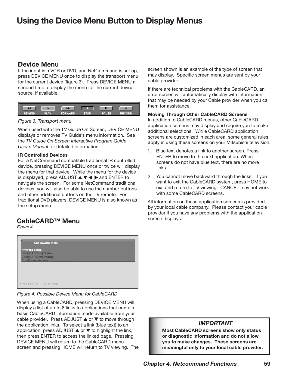 Using the device menu button to display menus, Cablecard™ menu, Device menu | MITSUBISHI ELECTRIC WD-62628 User Manual | Page 59 / 124