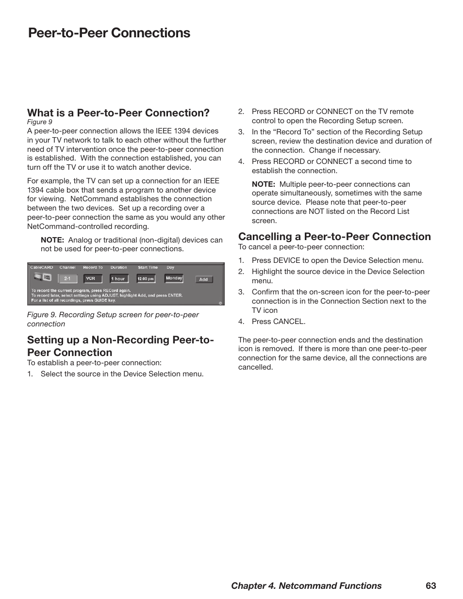 Peer-to-peer connections, Cancelling a peer-to-peer connection, What is a peer-to-peer connection | MITSUBISHI ELECTRIC WD-62628 User Manual | Page 63 / 124