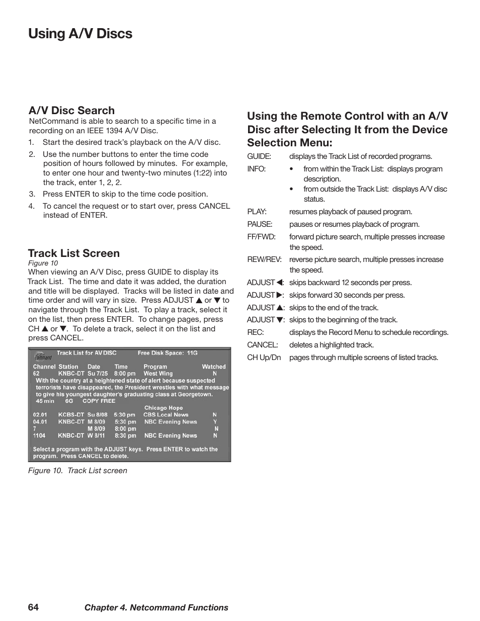 Using a/v discs, A/v disc search, Track list screen | MITSUBISHI ELECTRIC WD-62628 User Manual | Page 64 / 124