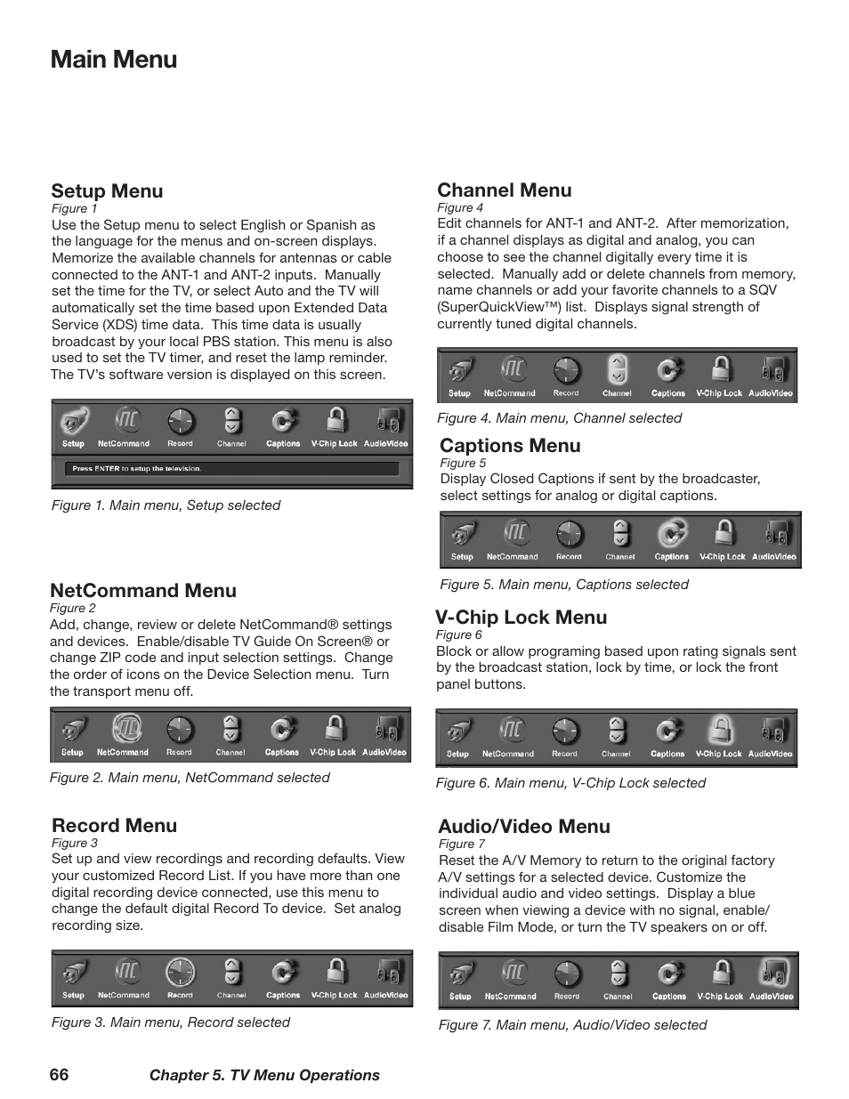 Main menu, Setup menu, Channel menu | Captions menu, V-chip lock menu, Audio/video menu, Netcommand menu, Record menu | MITSUBISHI ELECTRIC WD-62628 User Manual | Page 66 / 124