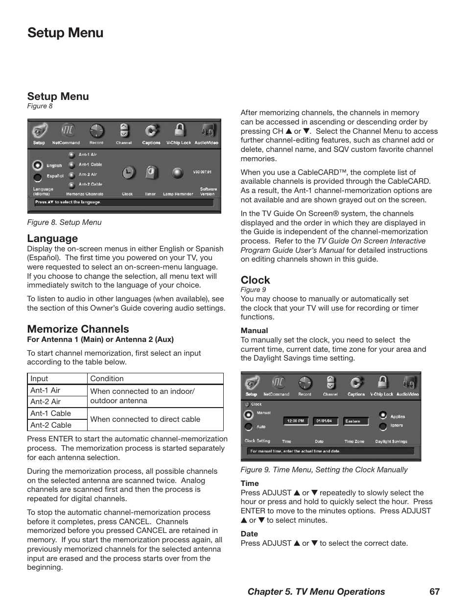 Setup menu, Clock, Language | MITSUBISHI ELECTRIC WD-62628 User Manual | Page 67 / 124