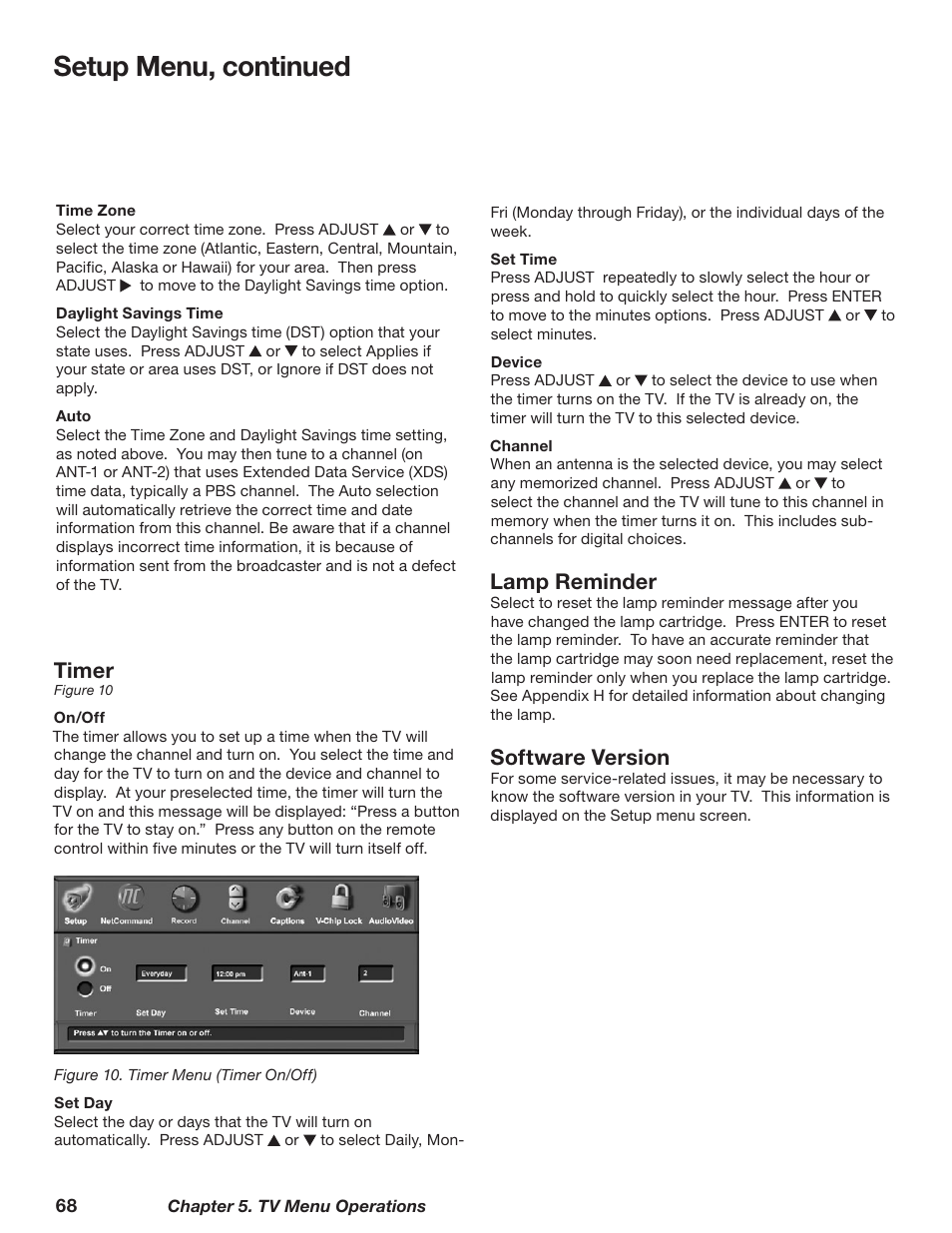 Setup menu, continued, Timer, Lamp reminder | Software version | MITSUBISHI ELECTRIC WD-62628 User Manual | Page 68 / 124