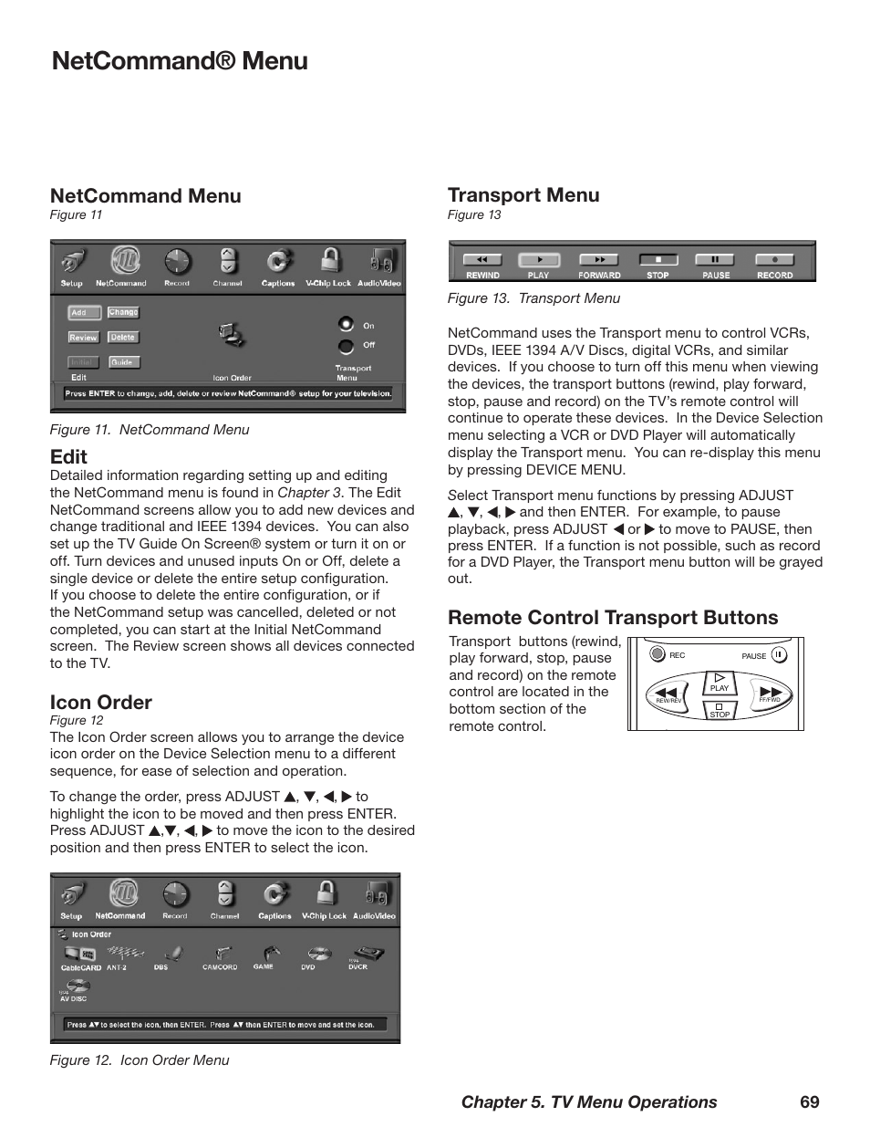 Netcommand® menu, Transport menu, Remote control transport buttons | Netcommand menu, Edit, Icon order, Chapter 5. tv menu operations 69 | MITSUBISHI ELECTRIC WD-62628 User Manual | Page 69 / 124