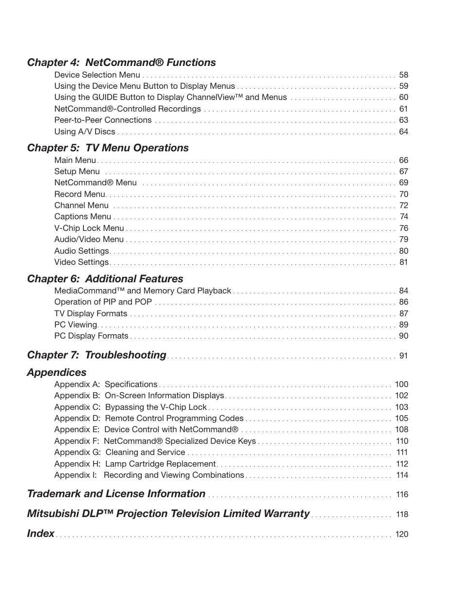 Chapter 4: netcommand® functions, Chapter 5: tv menu operations, Chapter 6: additional features | Chapter 7: troubleshooting, Appendices, Trademark and license information, Index | MITSUBISHI ELECTRIC WD-62628 User Manual | Page 7 / 124