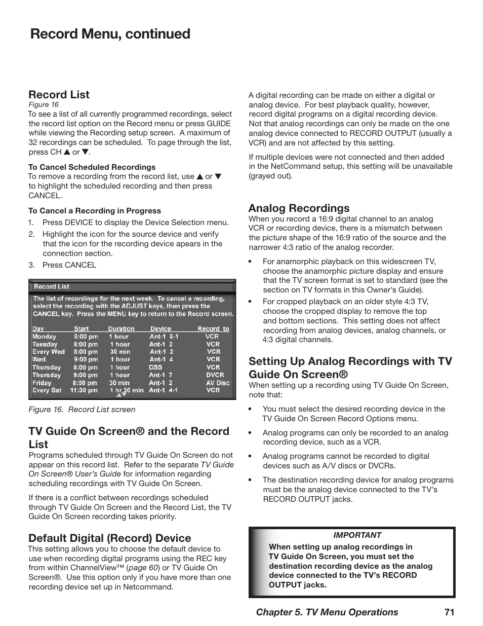 Record menu, continued, Record list, Tv guide on screen® and the record list | Default digital (record) device, Analog recordings | MITSUBISHI ELECTRIC WD-62628 User Manual | Page 71 / 124