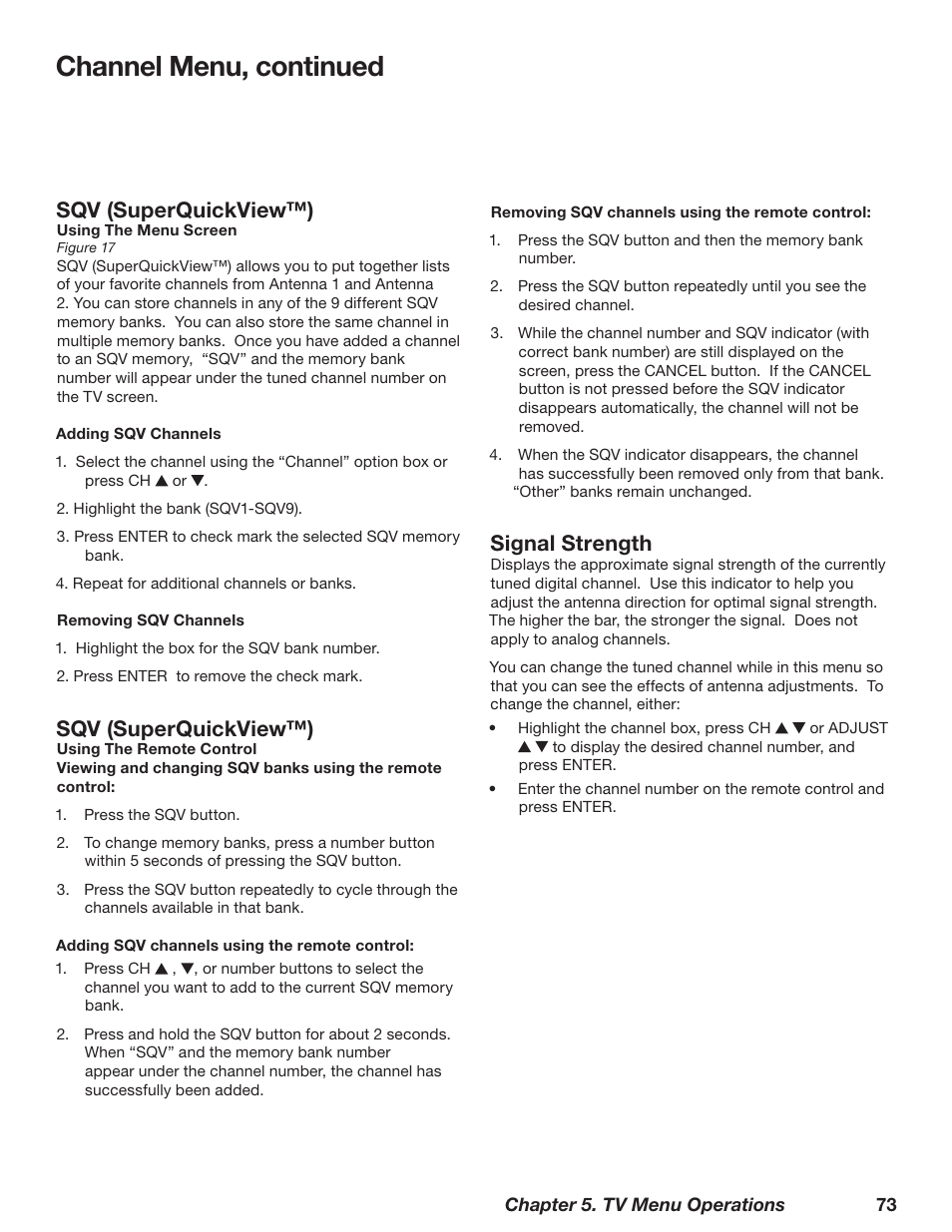 Channel menu, continued, Signal strength, Sqv (superquickview™) | MITSUBISHI ELECTRIC WD-62628 User Manual | Page 73 / 124