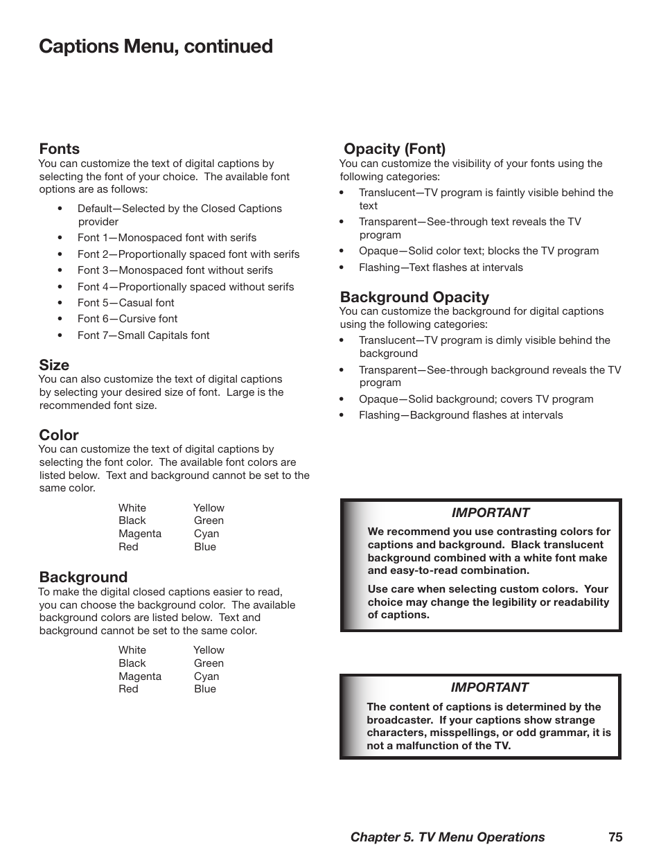 Captions menu, continued, Fonts, Size | Color, Background, Opacity (font), Background opacity | MITSUBISHI ELECTRIC WD-62628 User Manual | Page 75 / 124