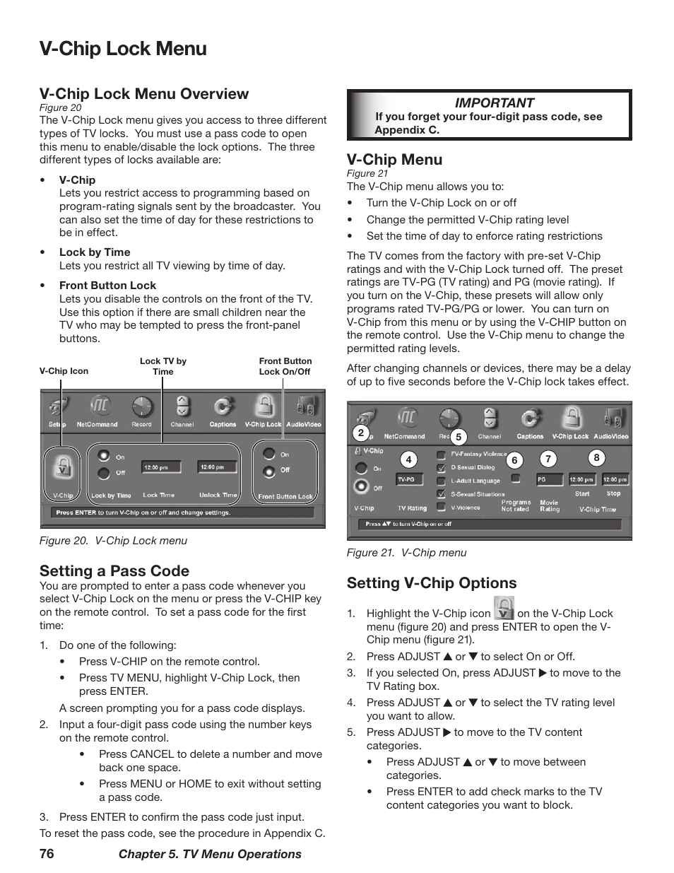 V-chip lock menu, V-chip lock menu overview, Setting a pass code | V-chip menu, Setting v-chip options | MITSUBISHI ELECTRIC WD-62628 User Manual | Page 76 / 124