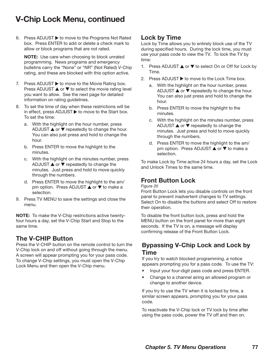 V-chip lock menu, continued, The v-chip button, Lock by time | Front button lock, Bypassing v-chip lock and lock by time | MITSUBISHI ELECTRIC WD-62628 User Manual | Page 77 / 124