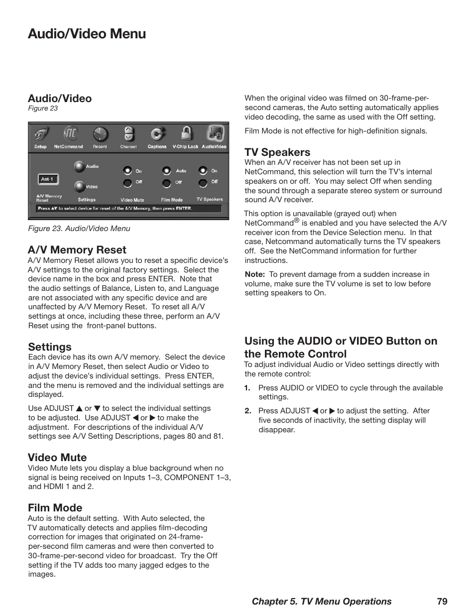 Audio/video menu, Audio/video, Settings | Video mute, Film mode, Tv speakers | MITSUBISHI ELECTRIC WD-62628 User Manual | Page 79 / 124