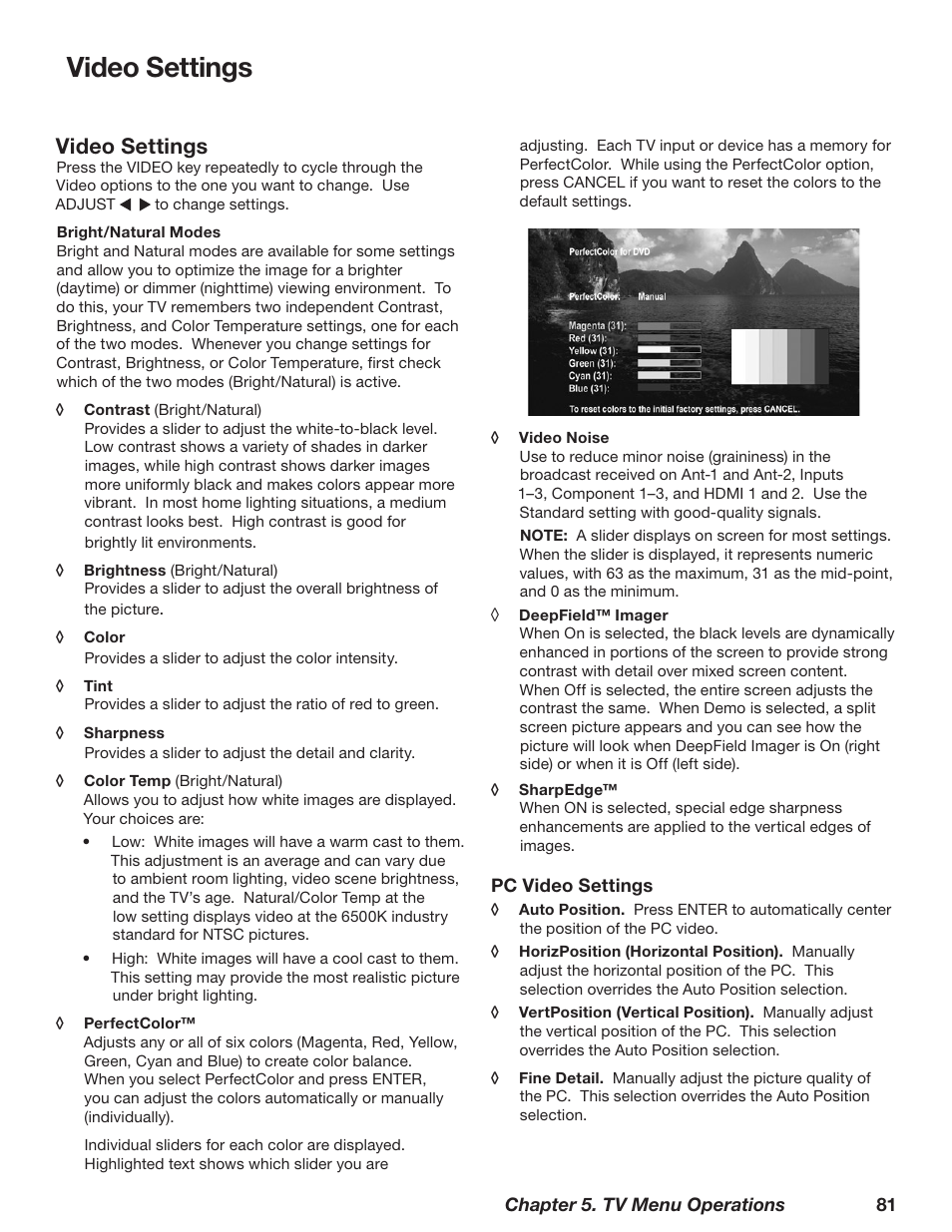 Video settings | MITSUBISHI ELECTRIC WD-62628 User Manual | Page 81 / 124