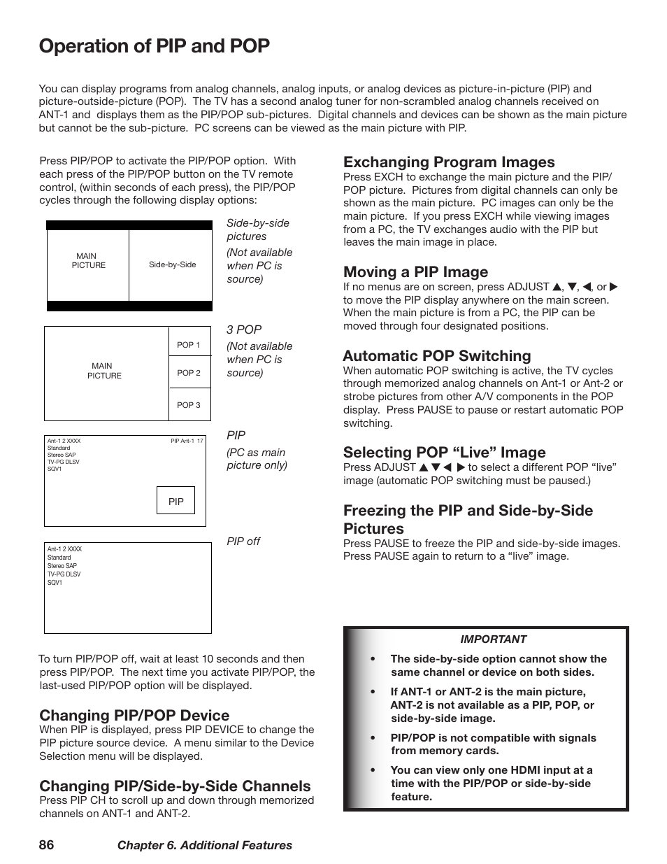 Operation of pip and pop, Changing pip/pop device, Changing pip/side-by-side channels | Exchanging program images, Moving a pip image, Automatic pop switching, Selecting pop “live” image, Freezing the pip and side-by-side pictures | MITSUBISHI ELECTRIC WD-62628 User Manual | Page 86 / 124