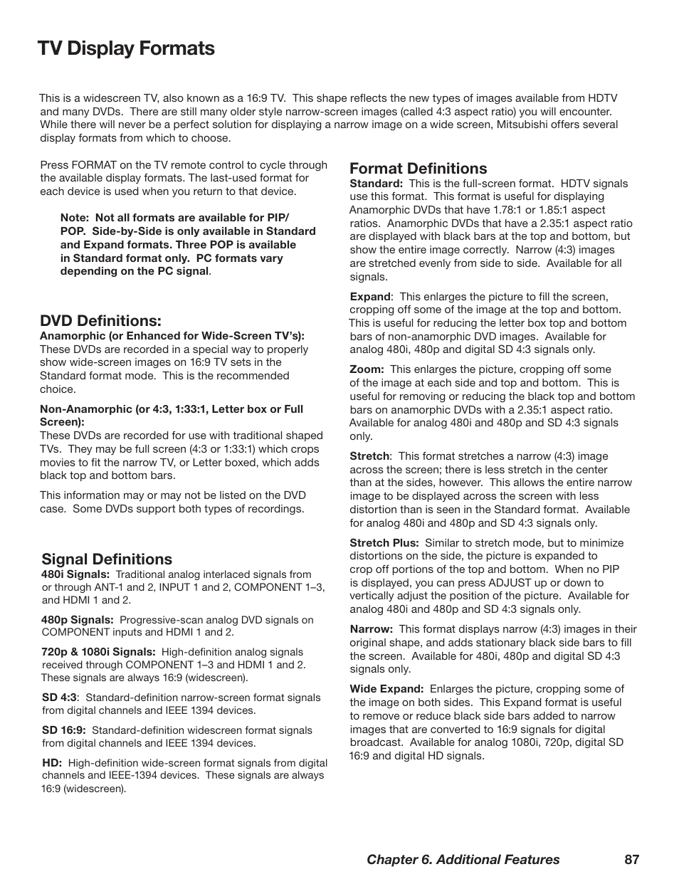 Tv display formats, Signal definitions, Dvd definitions | Format definitions | MITSUBISHI ELECTRIC WD-62628 User Manual | Page 87 / 124