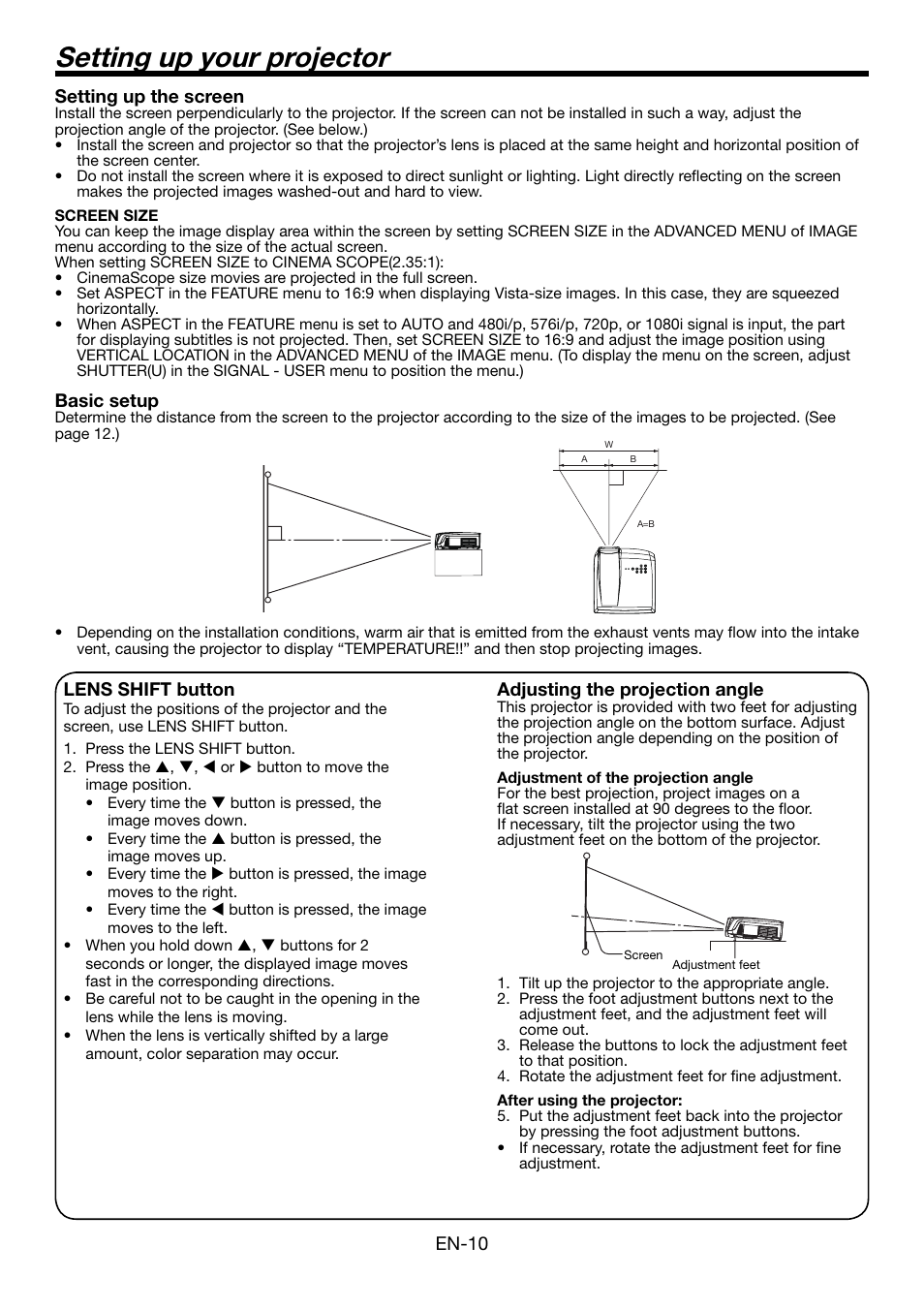 Setting up your projector | MITSUBISHI ELECTRIC HC5000 User Manual | Page 10 / 45