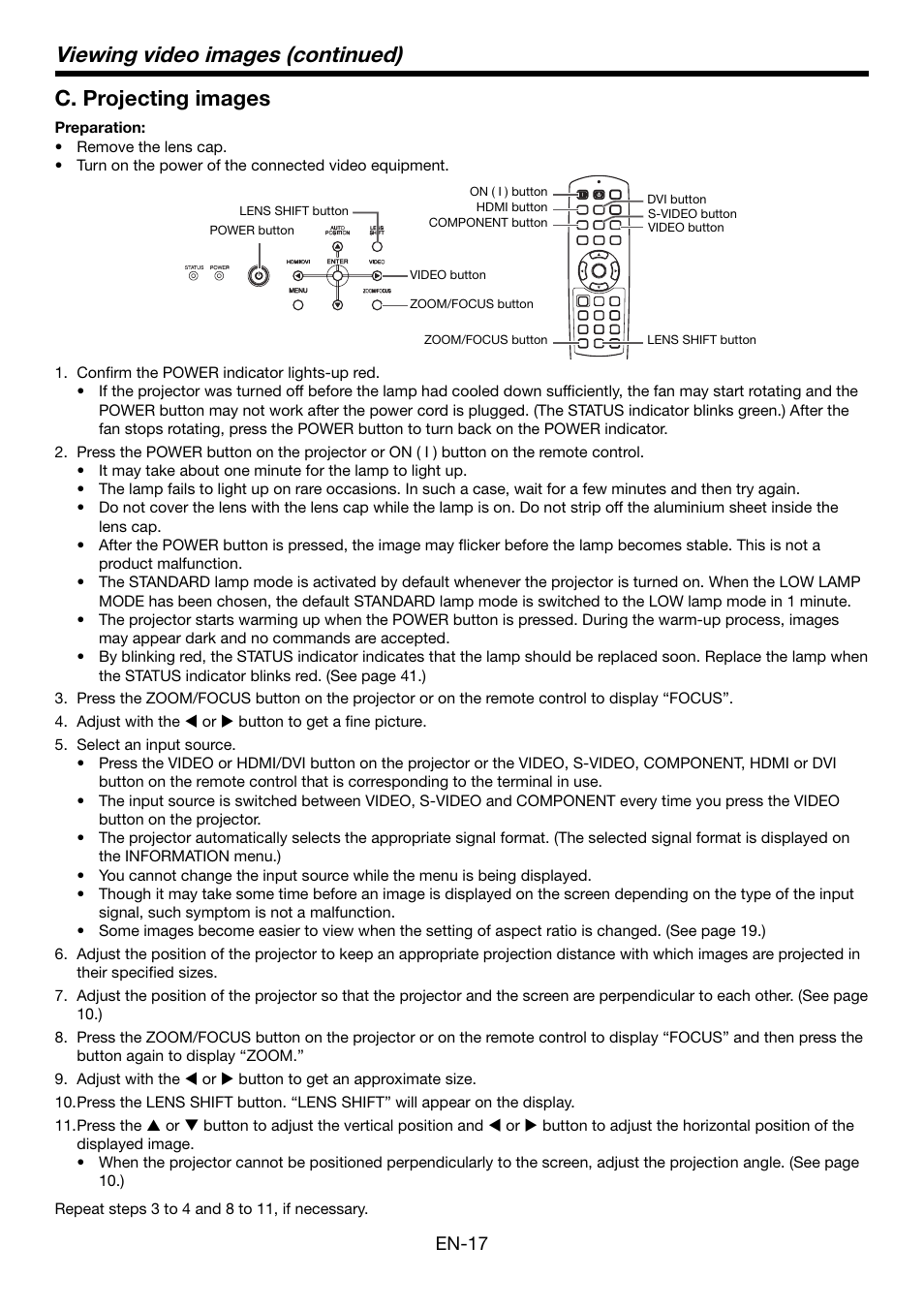 Viewing video images (continued), C. projecting images, En-17 | MITSUBISHI ELECTRIC HC5000 User Manual | Page 17 / 45