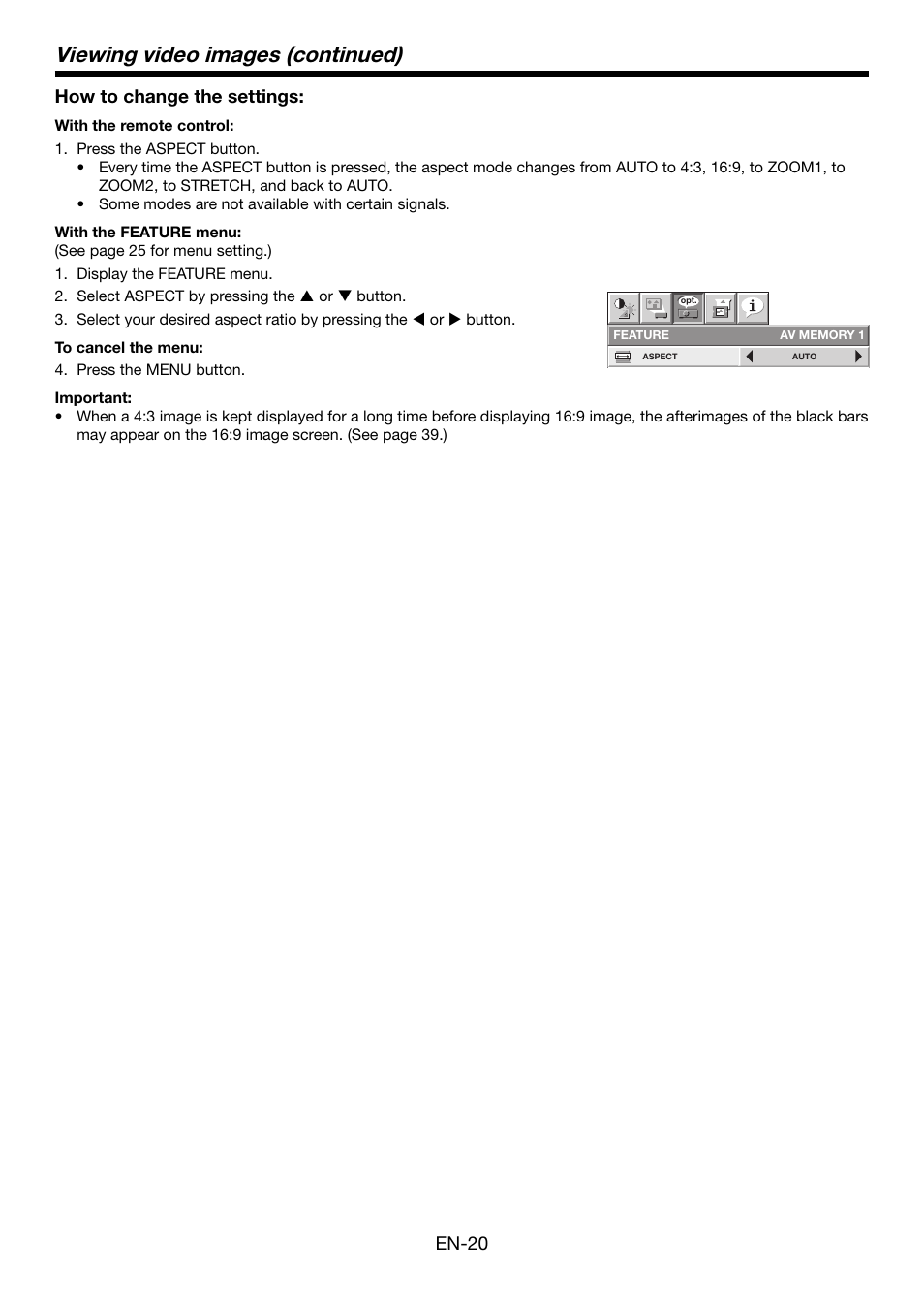 Viewing video images (continued), En-20 how to change the settings | MITSUBISHI ELECTRIC HC5000 User Manual | Page 20 / 45