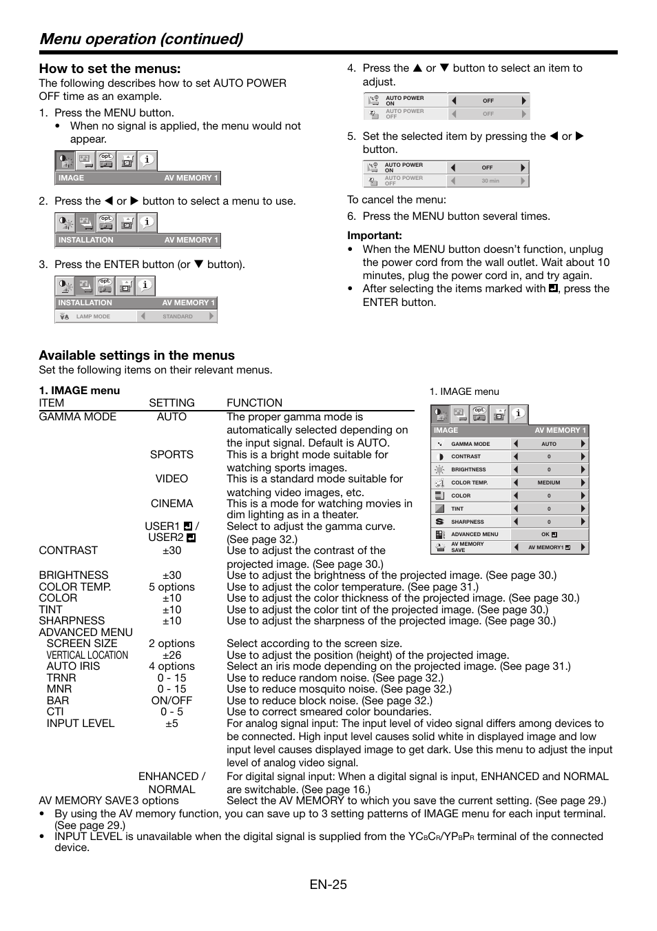 Menu operation (continued), En-25 how to set the menus, Available settings in the menus | MITSUBISHI ELECTRIC HC5000 User Manual | Page 25 / 45