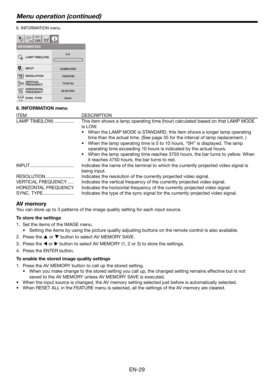 Menu operation (continued), En-29 | MITSUBISHI ELECTRIC HC5000 User Manual | Page 29 / 45