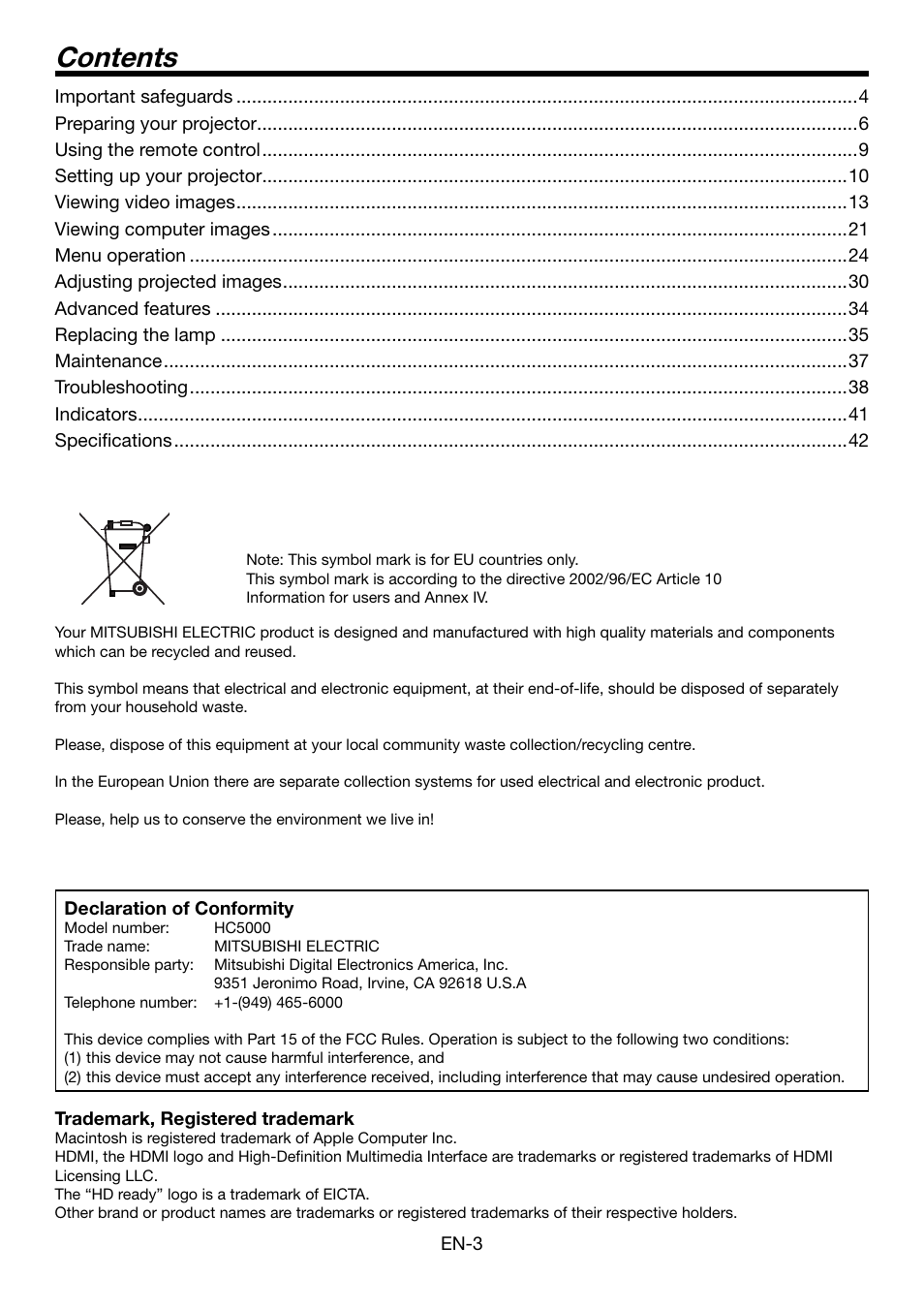 MITSUBISHI ELECTRIC HC5000 User Manual | Page 3 / 45