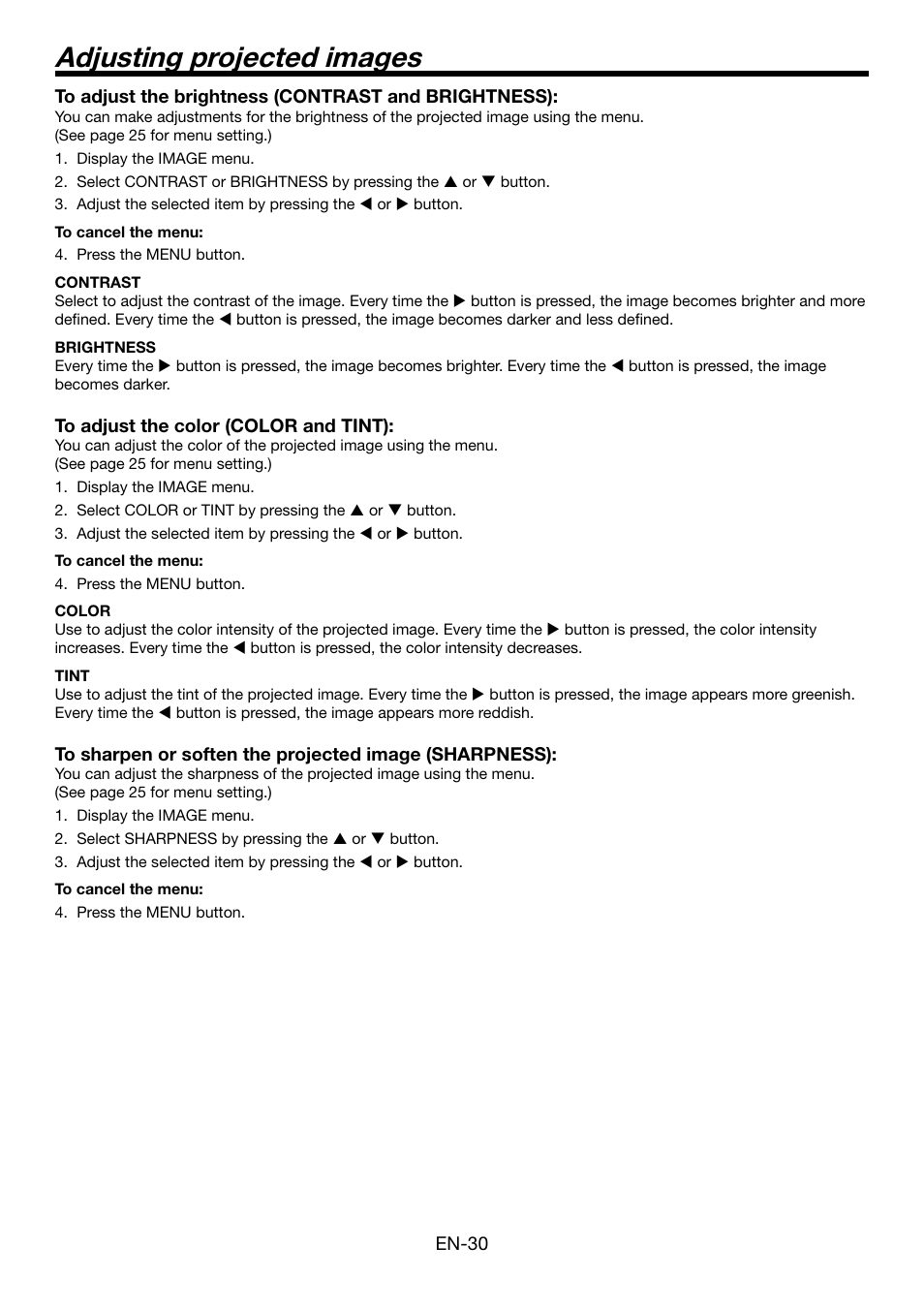 Adjusting projected images | MITSUBISHI ELECTRIC HC5000 User Manual | Page 30 / 45