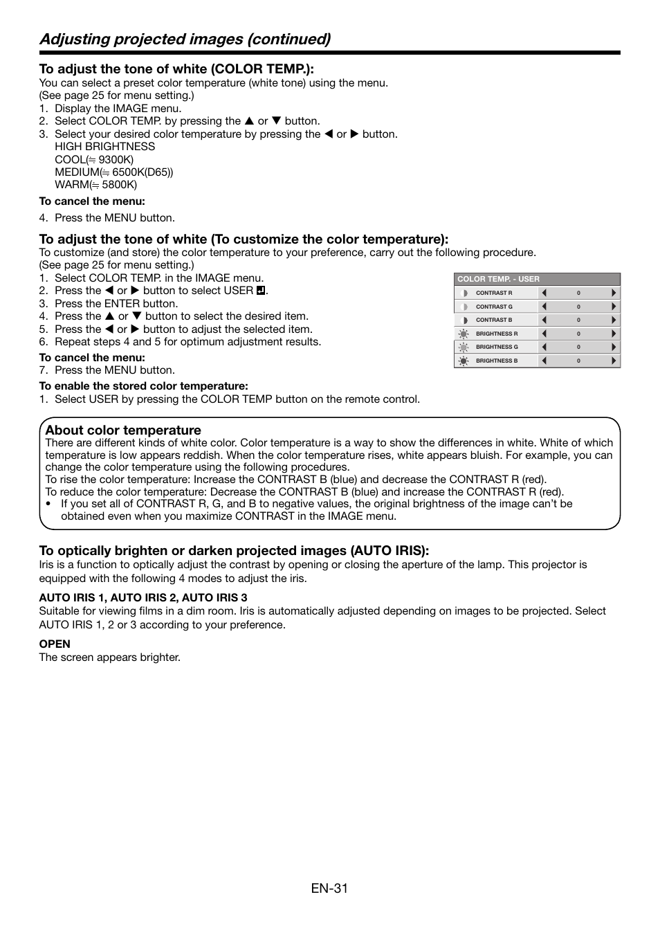 Adjusting projected images (continued), En-31 to adjust the tone of white (color temp.), About color temperature | MITSUBISHI ELECTRIC HC5000 User Manual | Page 31 / 45