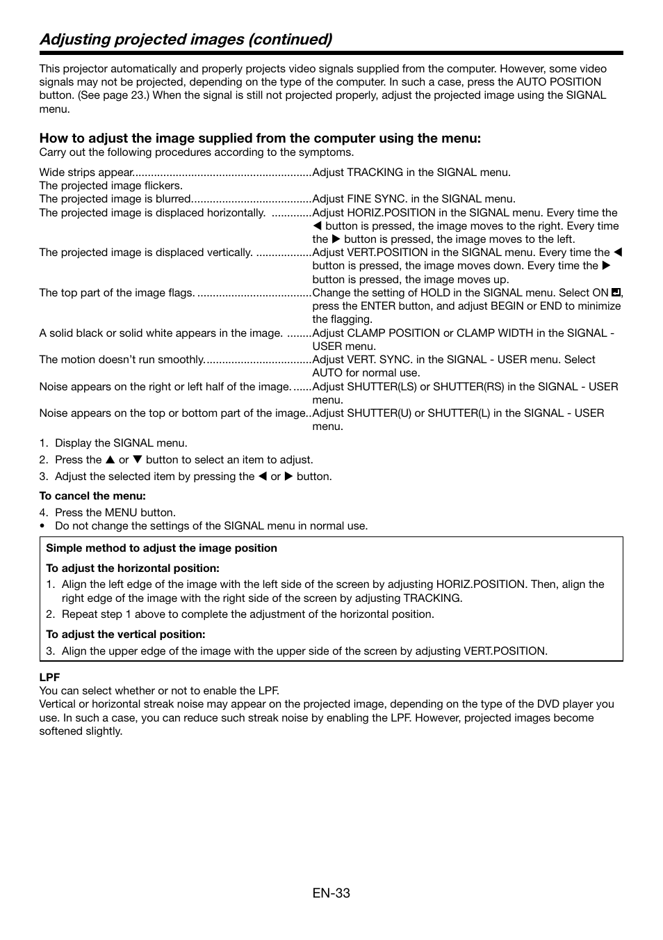 Adjusting projected images (continued) | MITSUBISHI ELECTRIC HC5000 User Manual | Page 33 / 45