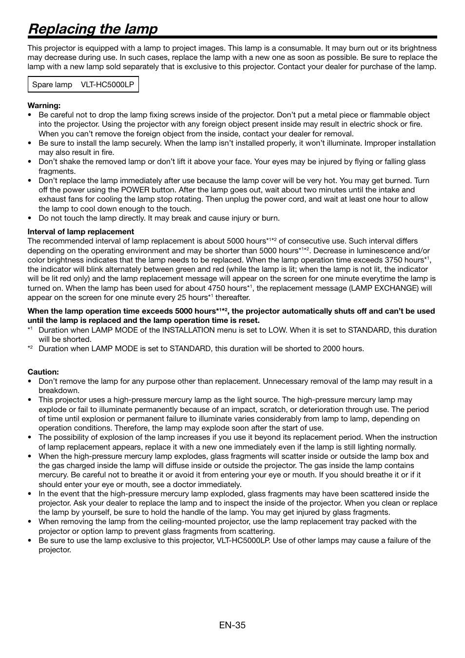 Replacing the lamp, En-35 | MITSUBISHI ELECTRIC HC5000 User Manual | Page 35 / 45