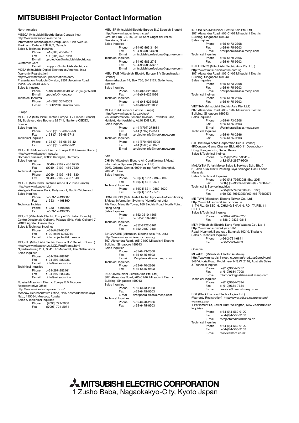 Mitsubishi electric corporation, 1 zusho baba, nagaokakyo-city, kyoto japan, Mitsubishi projector contact information | MITSUBISHI ELECTRIC HC5000 User Manual | Page 45 / 45