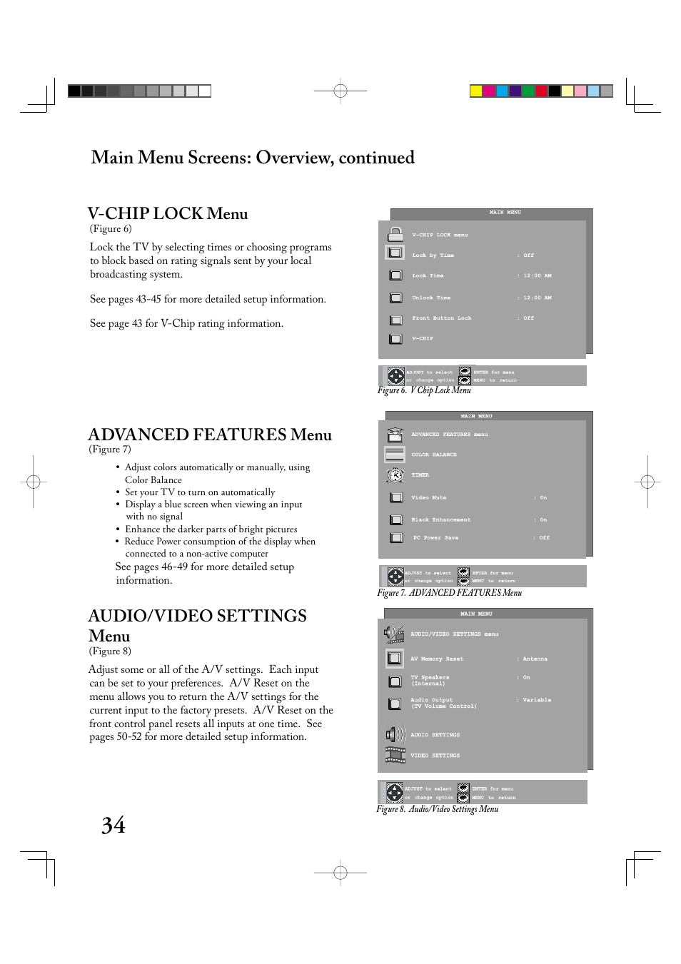 Main menu screens: overview, continued, Audio/video settings menu, V-chip lock menu | Advanced features menu | MITSUBISHI ELECTRIC LT-2220 User Manual | Page 34 / 68