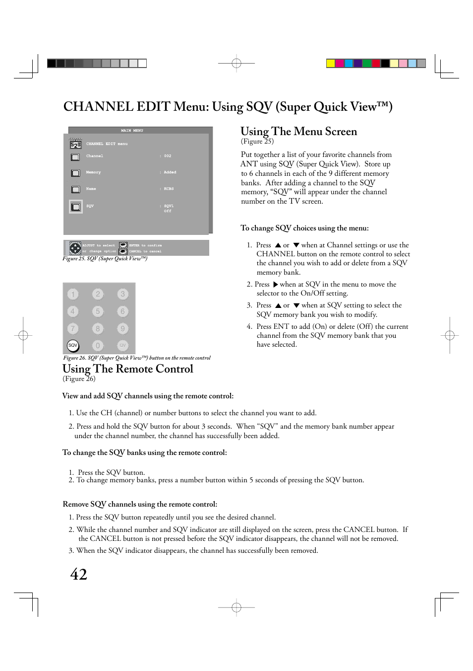 Channel edit menu: using sqv (super quick view™), Using the menu screen, Using the remote control | MITSUBISHI ELECTRIC LT-2220 User Manual | Page 42 / 68