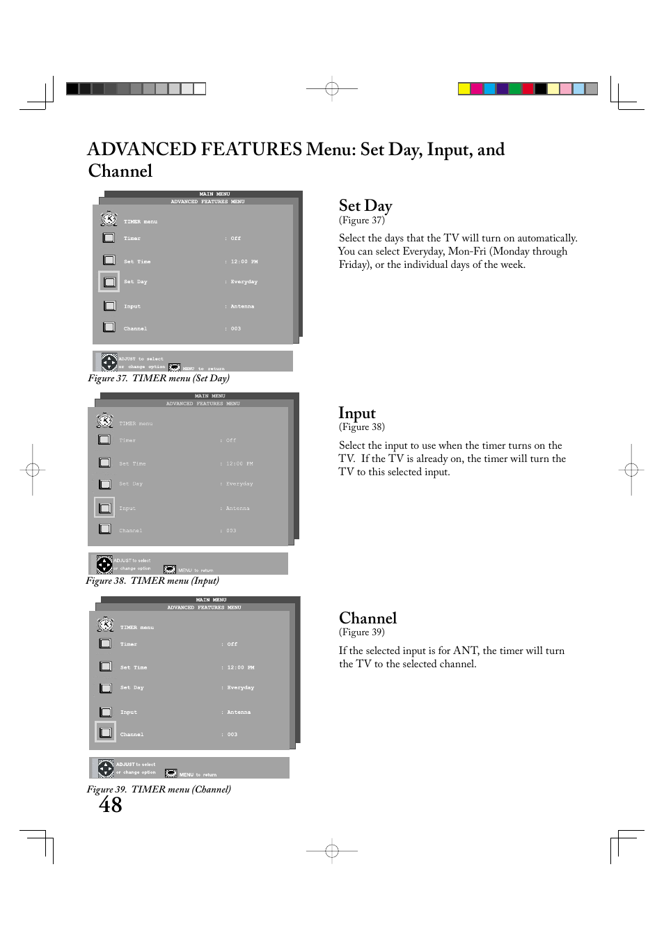 Set day, Input, Channel | MITSUBISHI ELECTRIC LT-2220 User Manual | Page 48 / 68