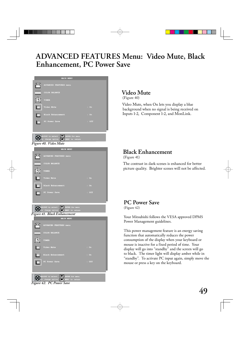 Video mute, Black enhancement, Pc power save | MITSUBISHI ELECTRIC LT-2220 User Manual | Page 49 / 68