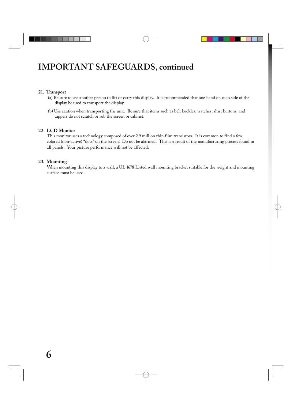 Important safeguards, continued | MITSUBISHI ELECTRIC LT-2220 User Manual | Page 6 / 68