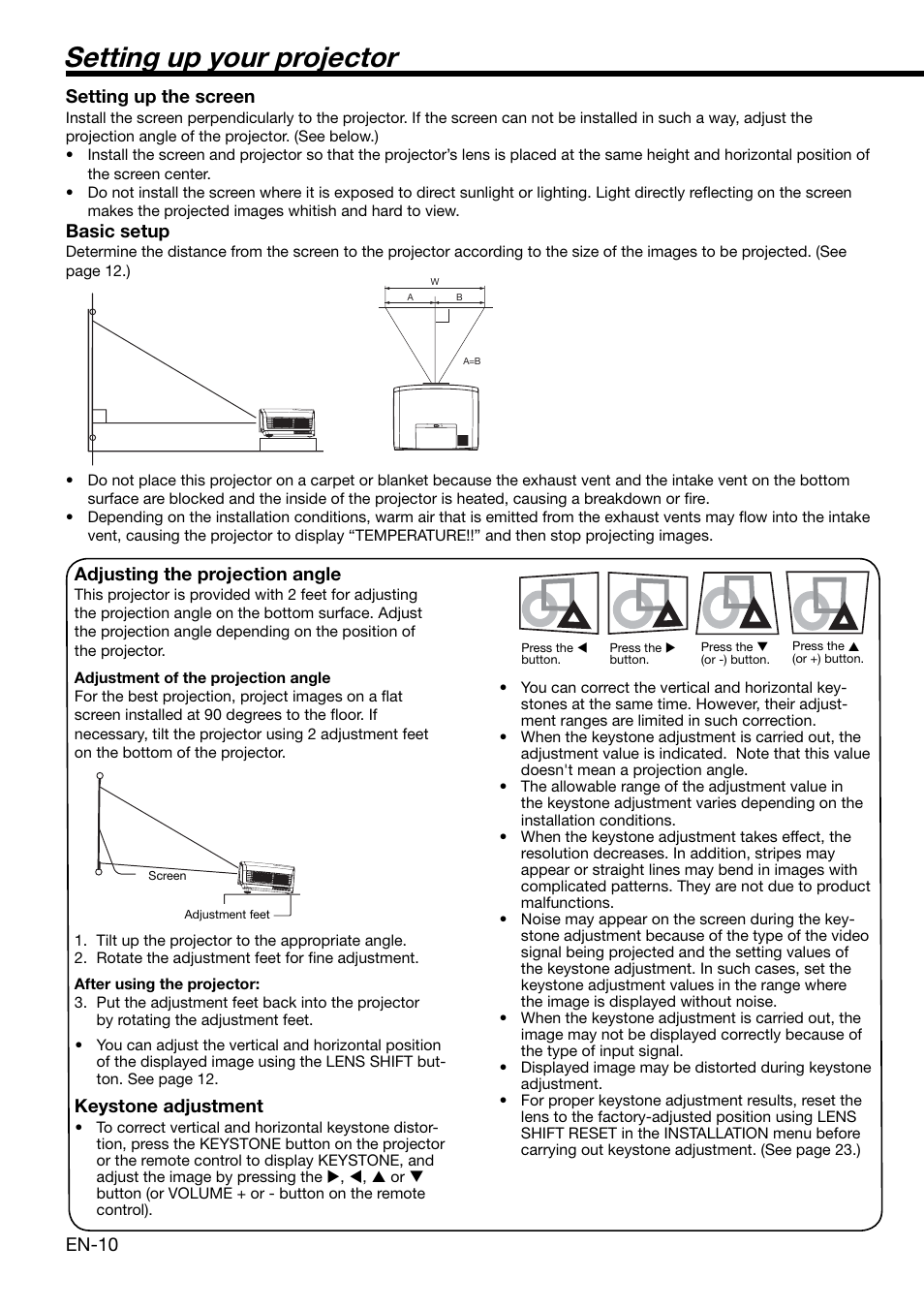 Setting up your projector, En-10, Setting up the screen | Basic setup, Adjusting the projection angle, Keystone adjustment | MITSUBISHI ELECTRIC XD2000 User Manual | Page 10 / 41