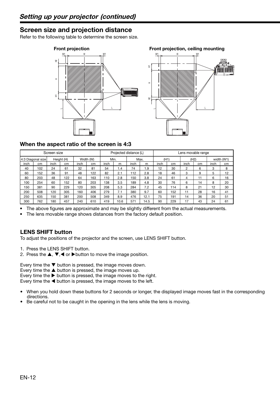 Setting up your projector (continued), Screen size and projection distance, En-12 | When the aspect ratio of the screen is 4:3, Lens shift button | MITSUBISHI ELECTRIC XD2000 User Manual | Page 12 / 41