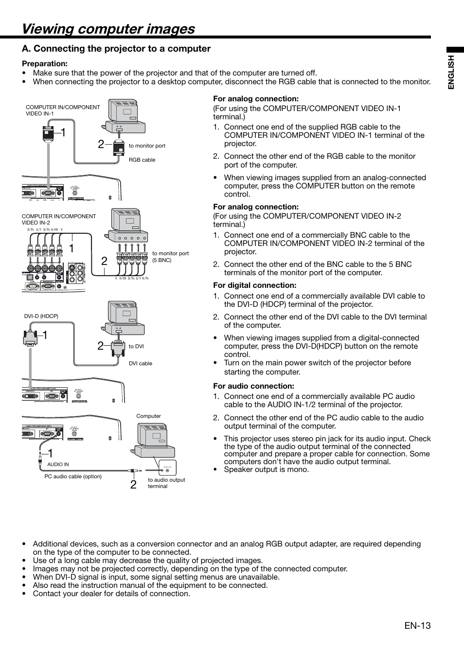 Viewing computer images, En-13, A. connecting the projector to a computer | MITSUBISHI ELECTRIC XD2000 User Manual | Page 13 / 41