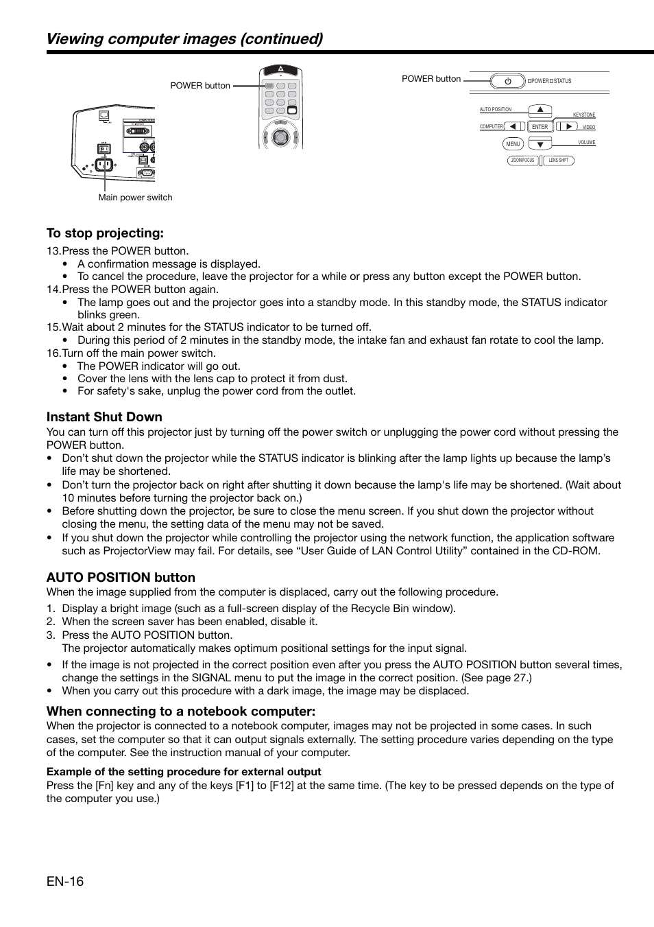 Viewing computer images (continued), En-16, Instant shut down | Auto position button | MITSUBISHI ELECTRIC XD2000 User Manual | Page 16 / 41