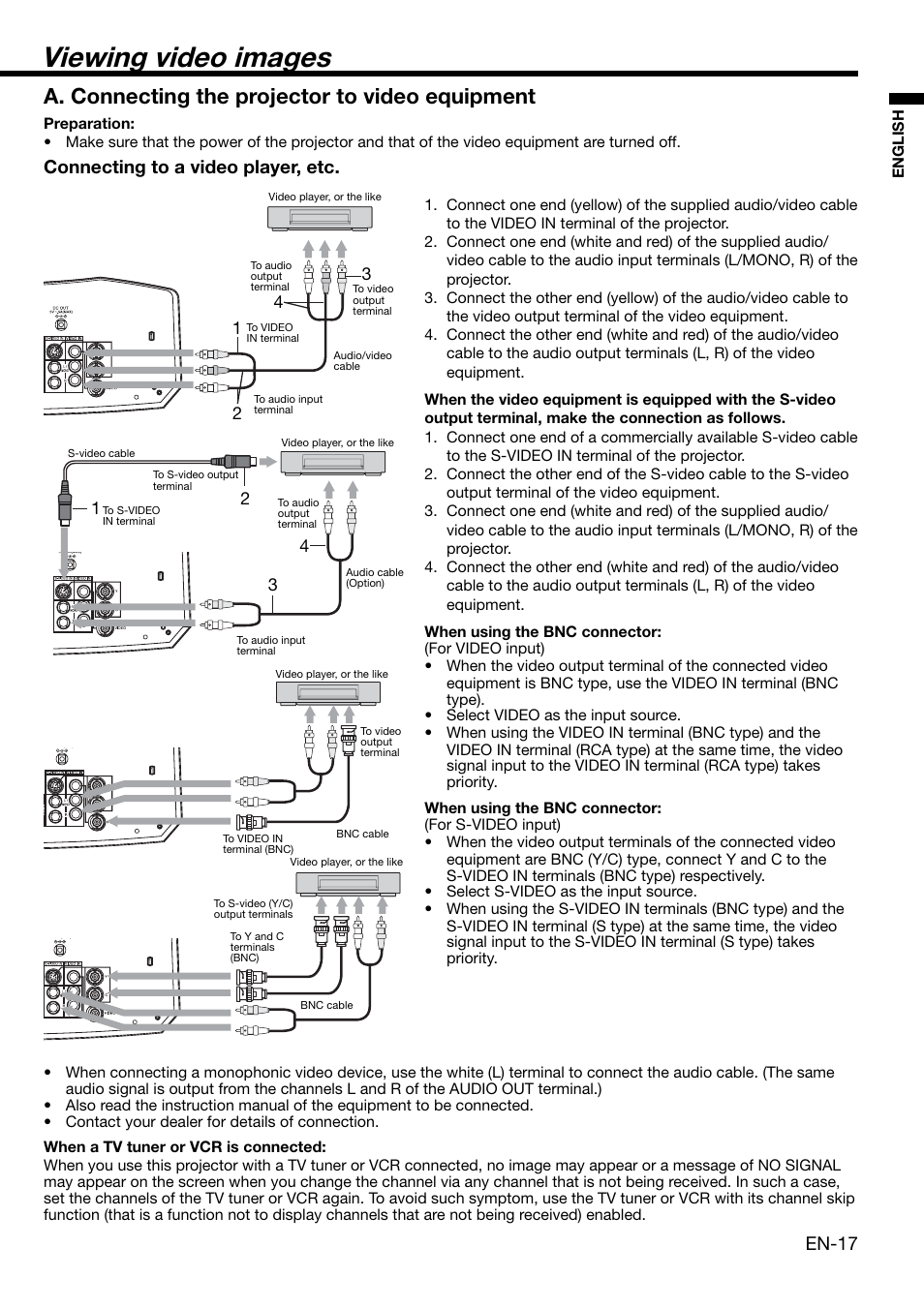 Viewing video images, A. connecting the projector to video equipment, En-17 | Connecting to a video player, etc | MITSUBISHI ELECTRIC XD2000 User Manual | Page 17 / 41