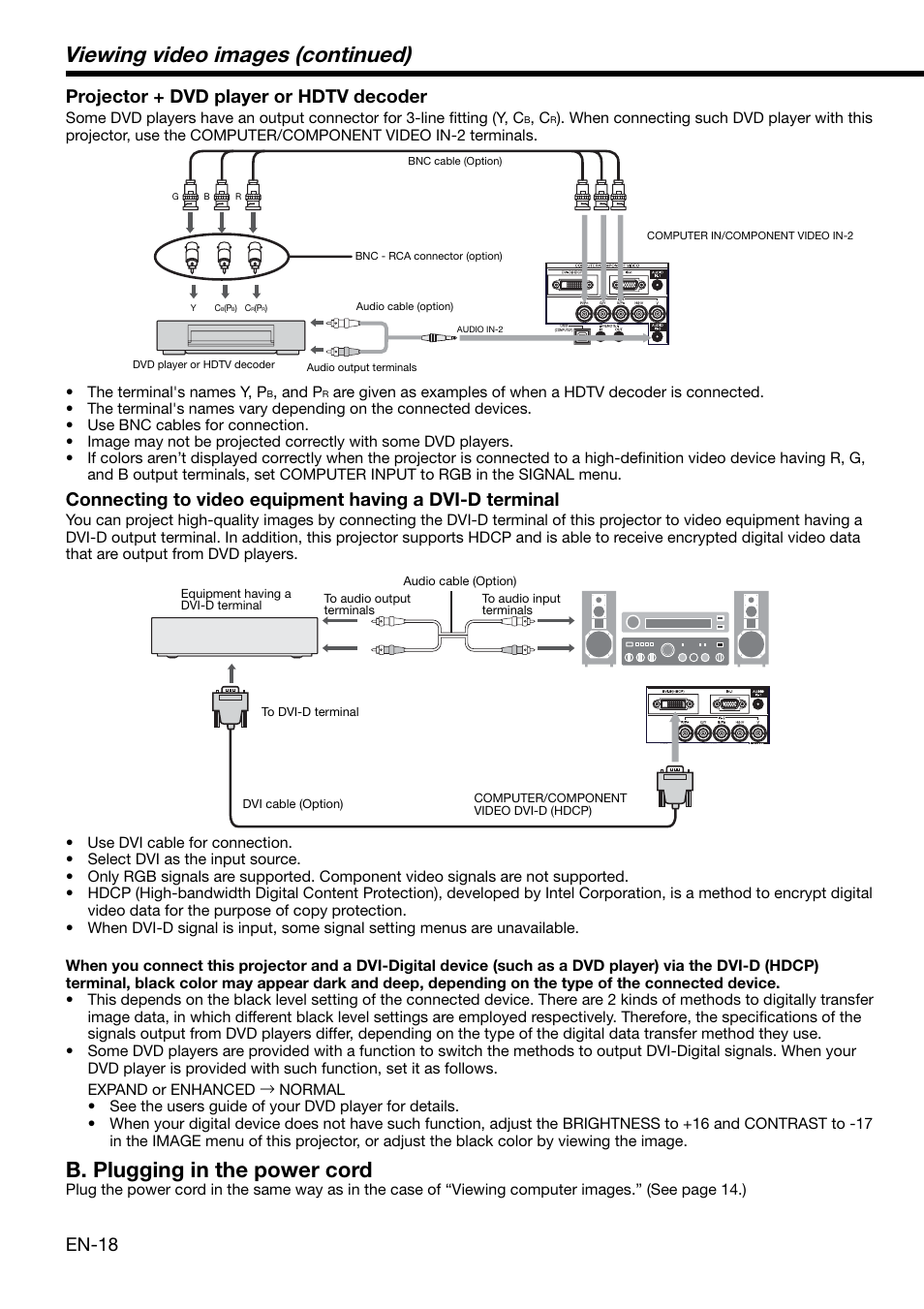 Viewing video images (continued), B. plugging in the power cord, En-18 | Projector + dvd player or hdtv decoder | MITSUBISHI ELECTRIC XD2000 User Manual | Page 18 / 41