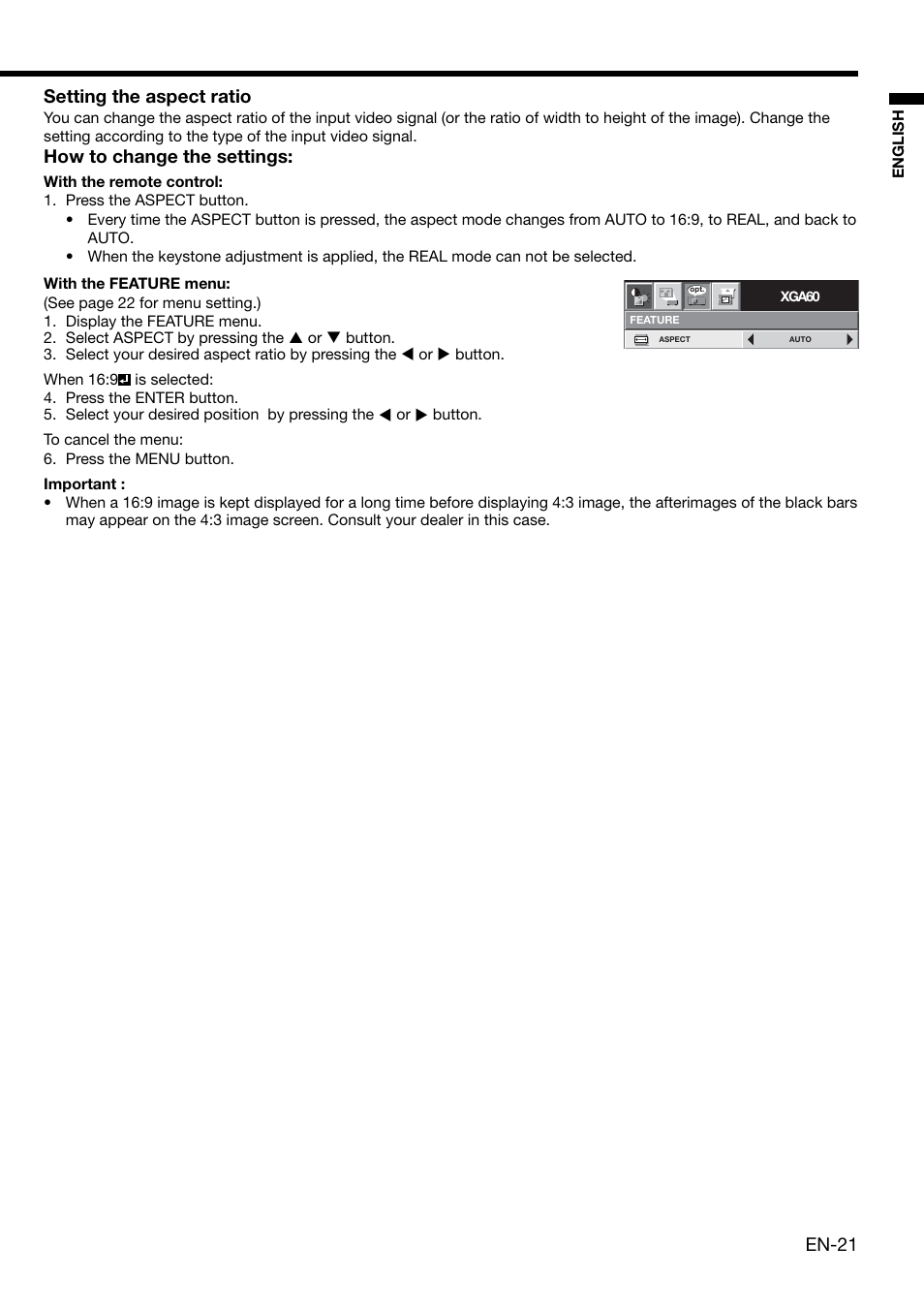 En-21, Setting the aspect ratio, How to change the settings | MITSUBISHI ELECTRIC XD2000 User Manual | Page 21 / 41