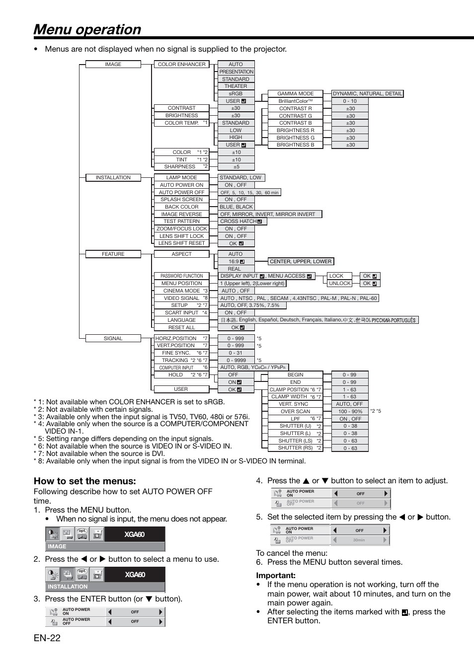 Menu operation, En-22, How to set the menus | Xga60 | MITSUBISHI ELECTRIC XD2000 User Manual | Page 22 / 41