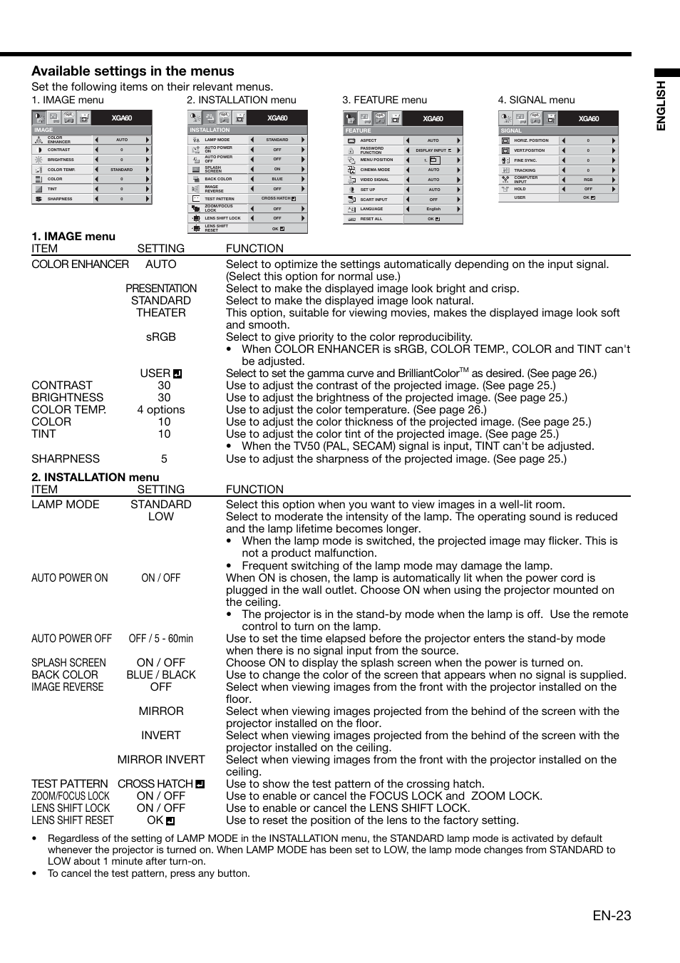 En-23, Available settings in the menus, English | Set the following items on their relevant menus | MITSUBISHI ELECTRIC XD2000 User Manual | Page 23 / 41