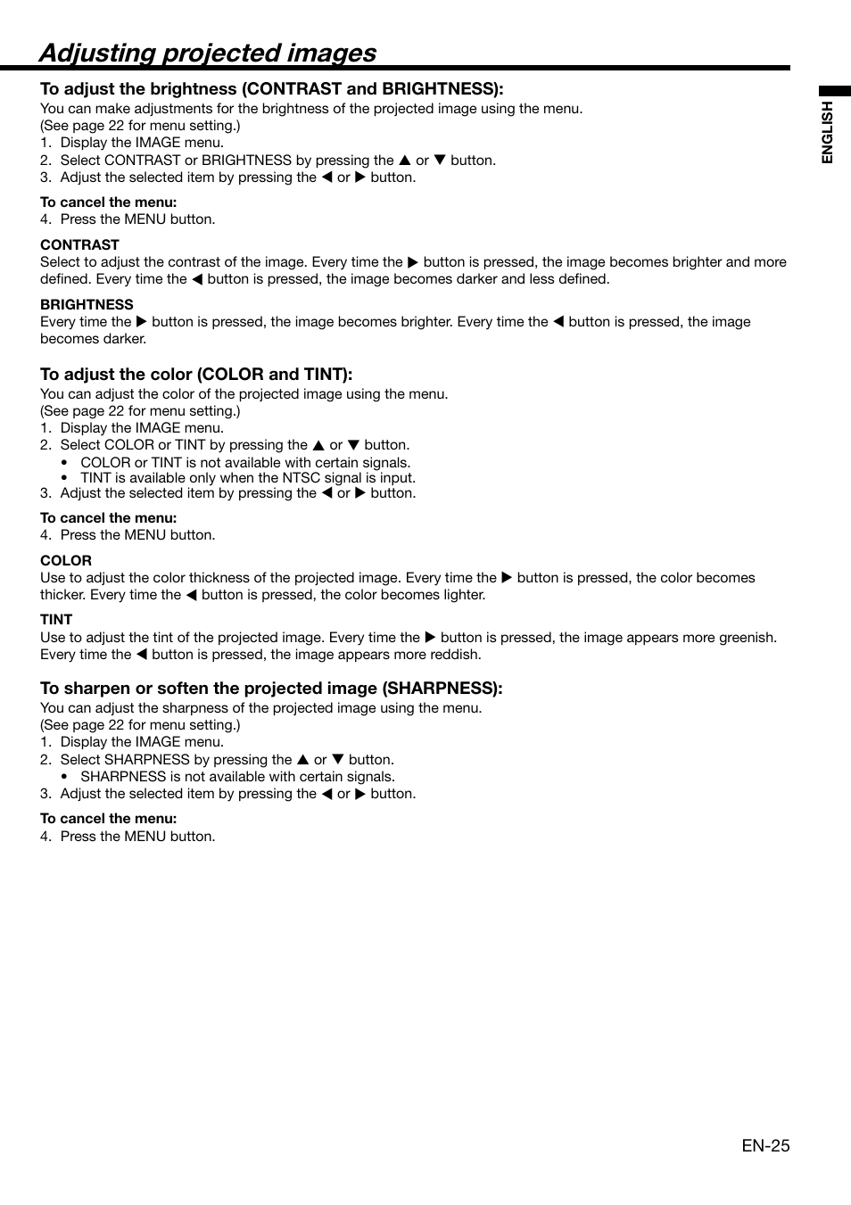 Adjusting projected images | MITSUBISHI ELECTRIC XD2000 User Manual | Page 25 / 41