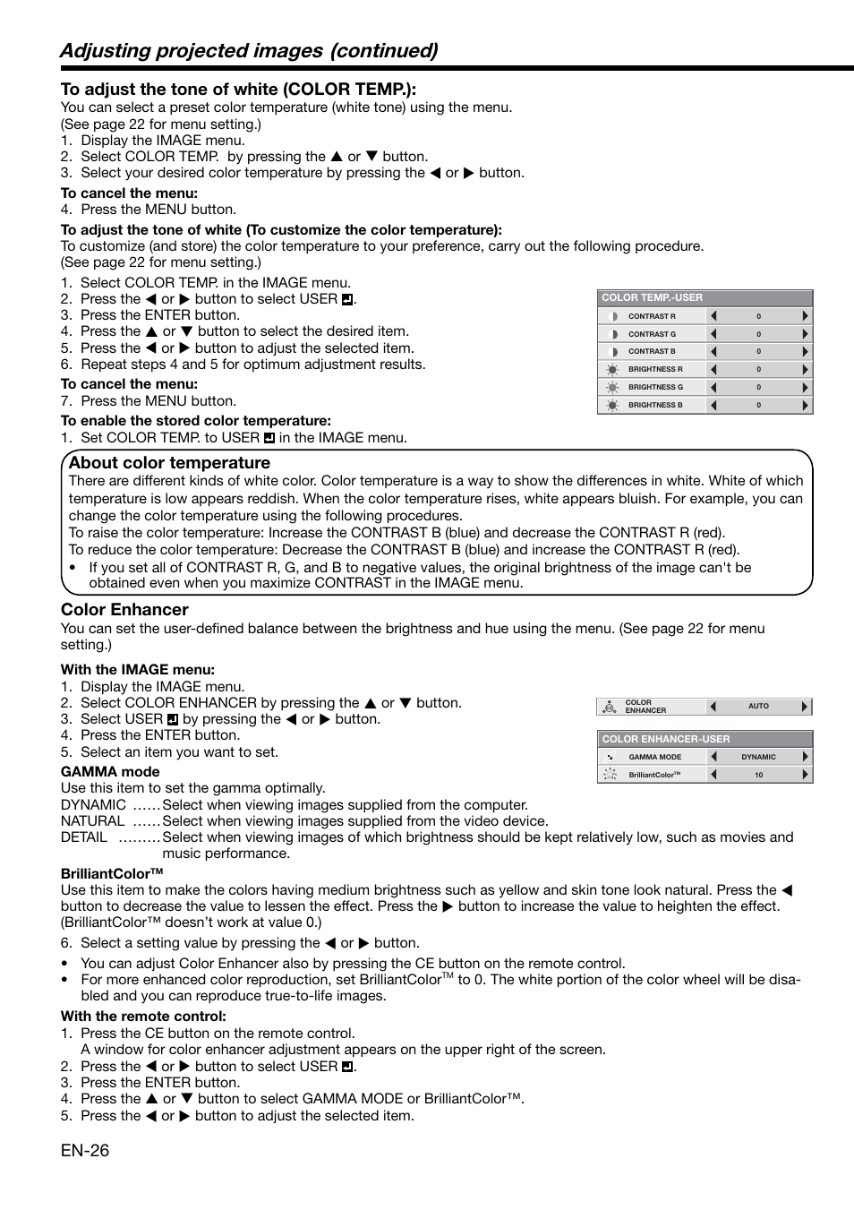 Adjusting projected images (continued), En-26 to adjust the tone of white (color temp.), About color temperature | Color enhancer | MITSUBISHI ELECTRIC XD2000 User Manual | Page 26 / 41