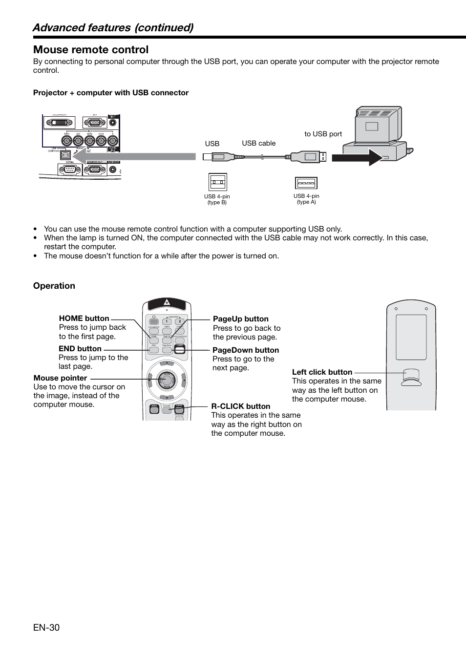 Advanced features (continued), Mouse remote control, En-30 | Operation, Usb usb cable | MITSUBISHI ELECTRIC XD2000 User Manual | Page 30 / 41