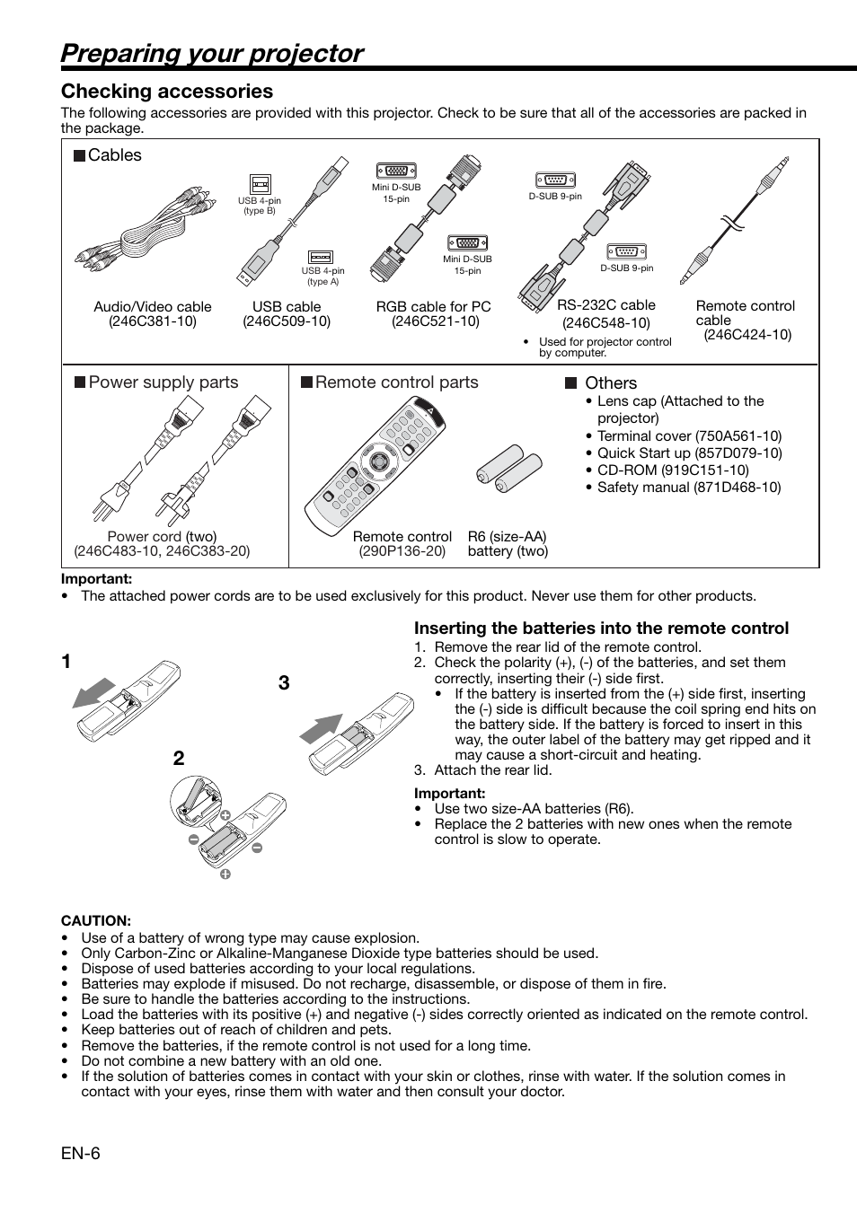 Preparing your projector, 12 3 checking accessories, En-6 | Inserting the batteries into the remote control, Cables power supply parts remote control parts, Others | MITSUBISHI ELECTRIC XD2000 User Manual | Page 6 / 41